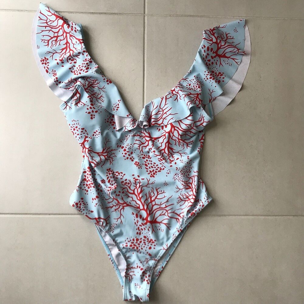 Shein One Piece Swimsuit Multicolor Print Ruffled